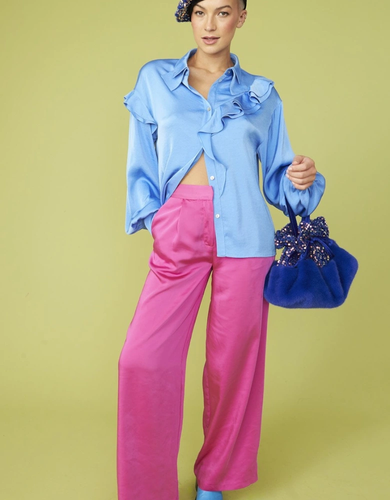 Blue Rayon Blend Ruffle Blouse