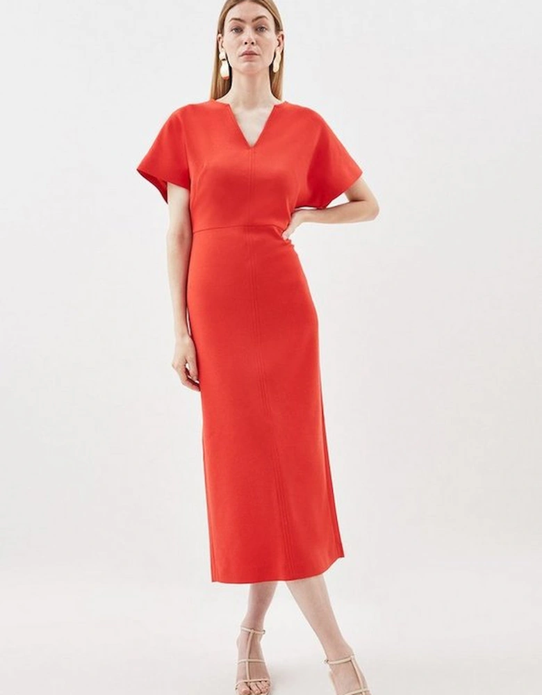 Compact Stretch Seamed Detail Rounded Sleeve Midi Dress