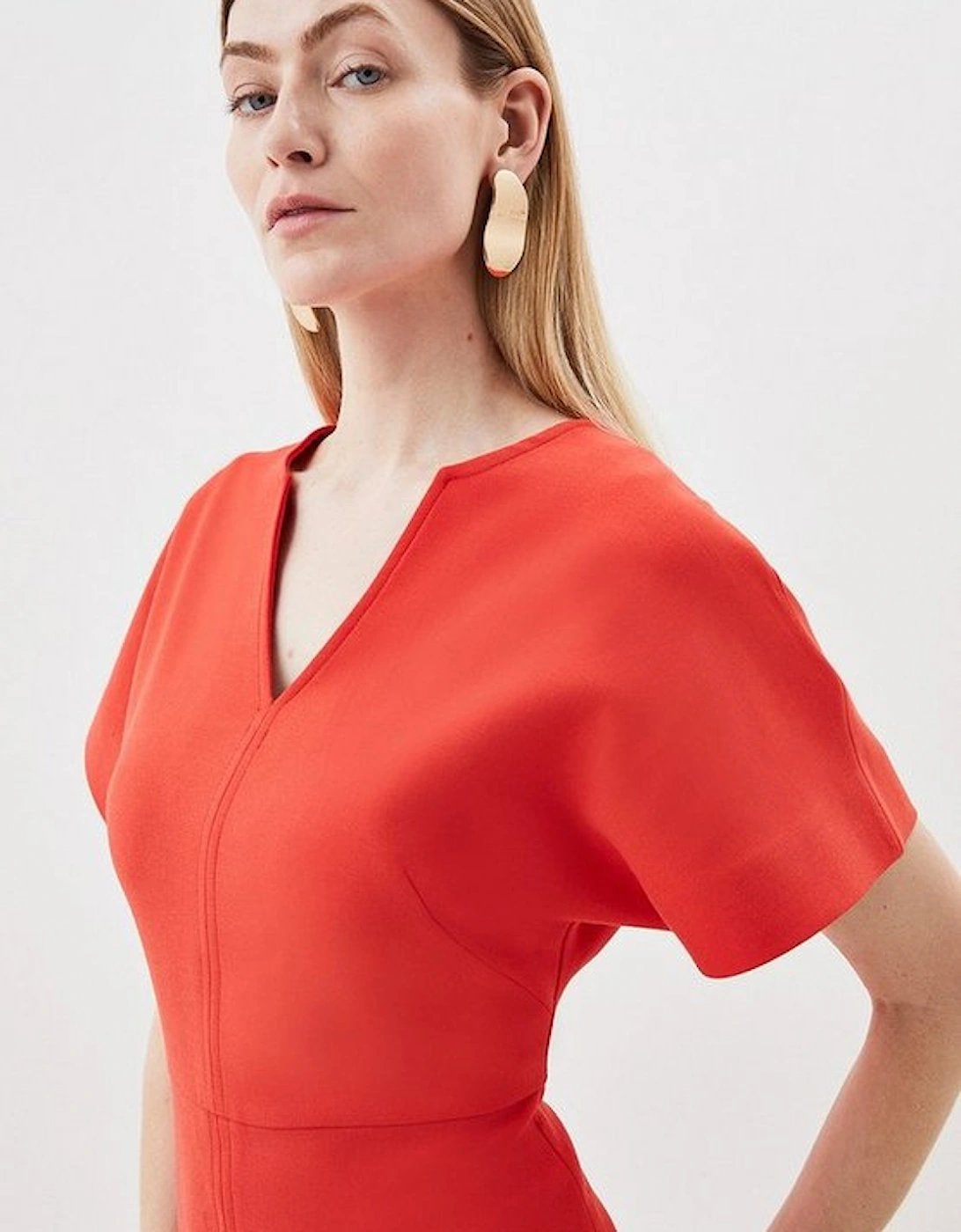 Compact Stretch Seamed Detail Rounded Sleeve Midi Dress