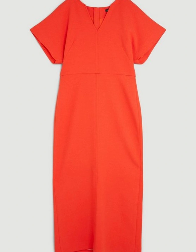 Compact Stretch Seamed Detail Rounded Sleeve Midi Dress