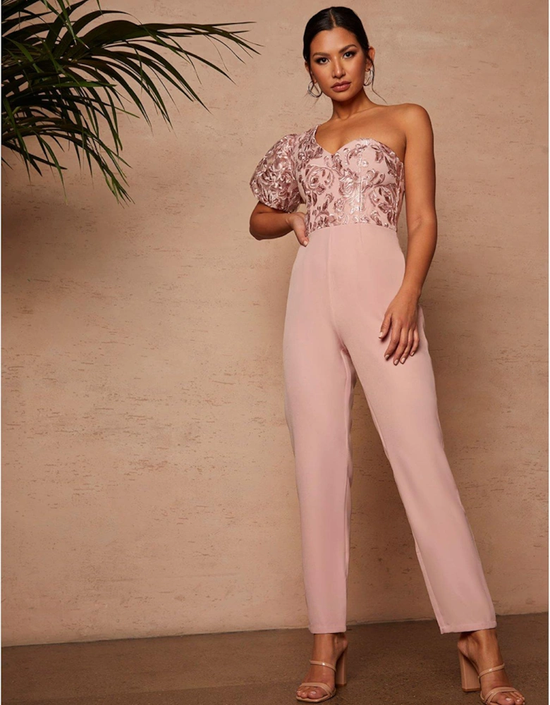 One Shoulder Puff Sleeve Embroidered Jumpsuit In Pink