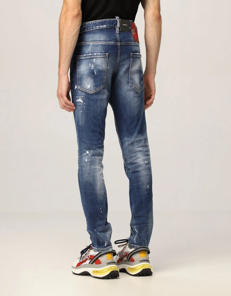 Paint Splattered Skater Distressed Slim Fit Stretch Jeans in Blue