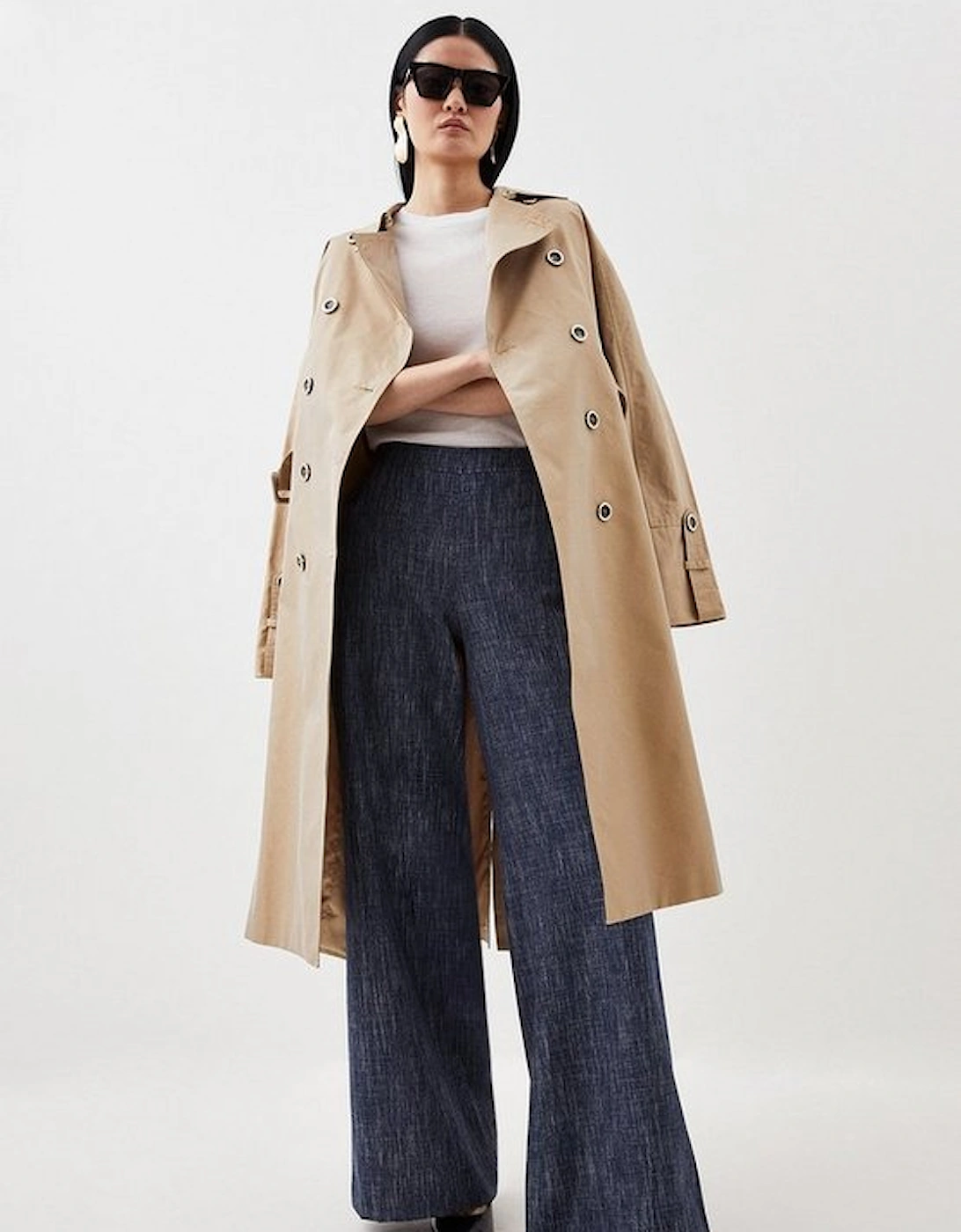 Tailored Denim Look Wide Leg Button Detail Trousers