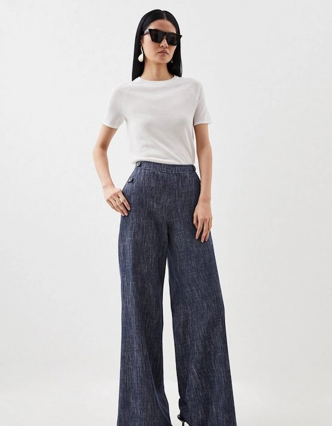 Tailored Denim Look Wide Leg Button Detail Trousers