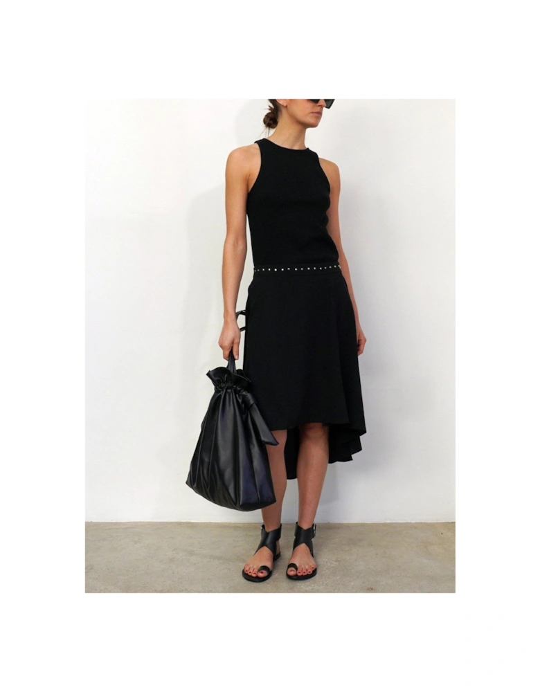 High Low Studded Waist Midi Skirt - Black