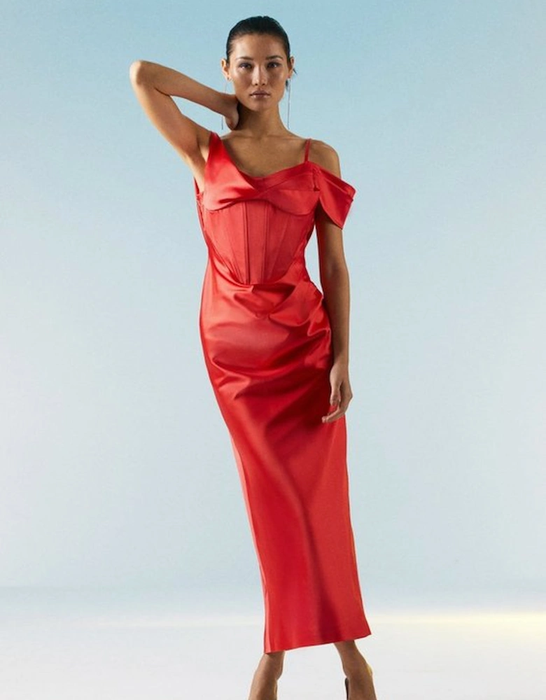 OOTO Italian Structured Satin Drape Column Midaxi Dress