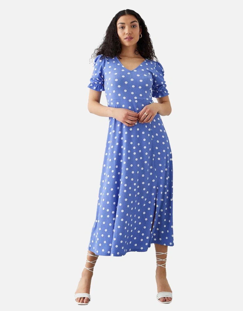 Womens/Ladies Spotted V Neck Short-Sleeved Midi Dress