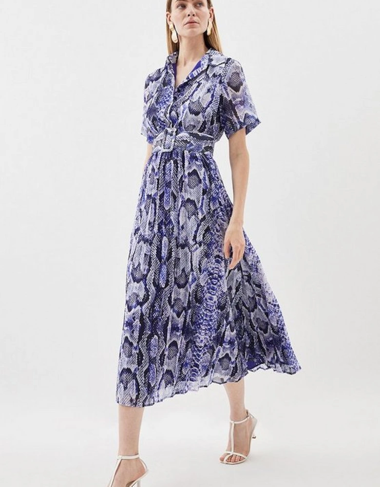 Snake Printed Georgette Pleated Midi Shirt Dress