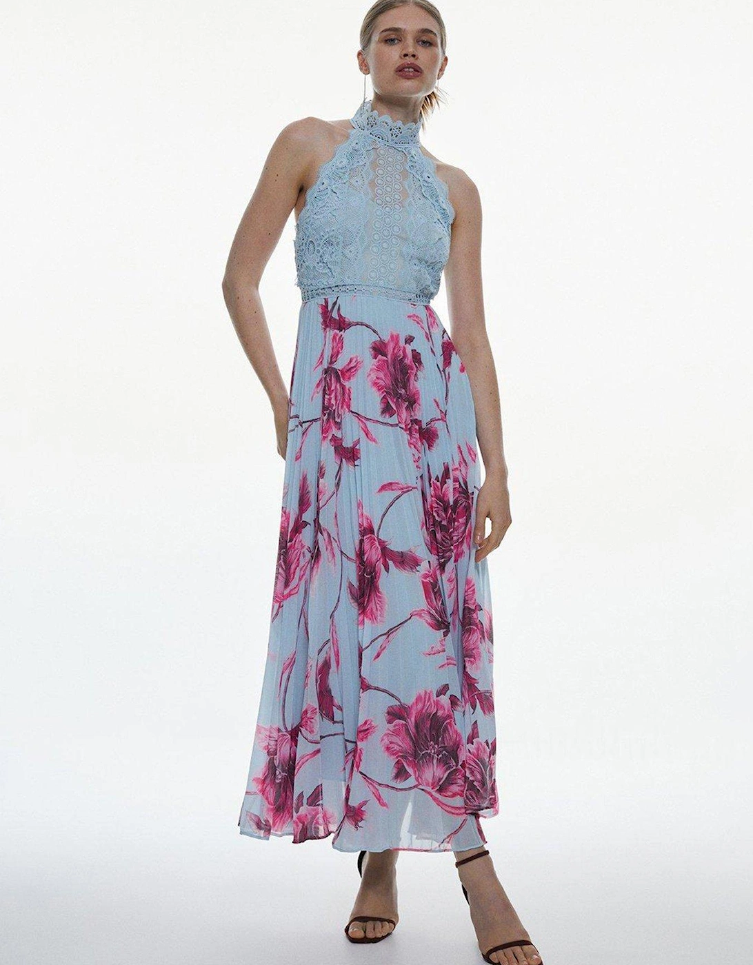 Lace Floral Pleated Midi Dress - Blue, 4 of 3