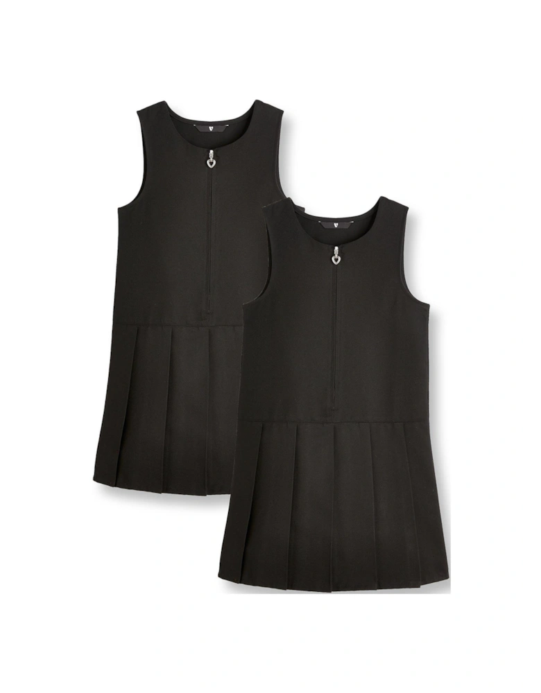 Girls 2 Pack Pleat Pinafore Water-Repellent School Dresses - Black