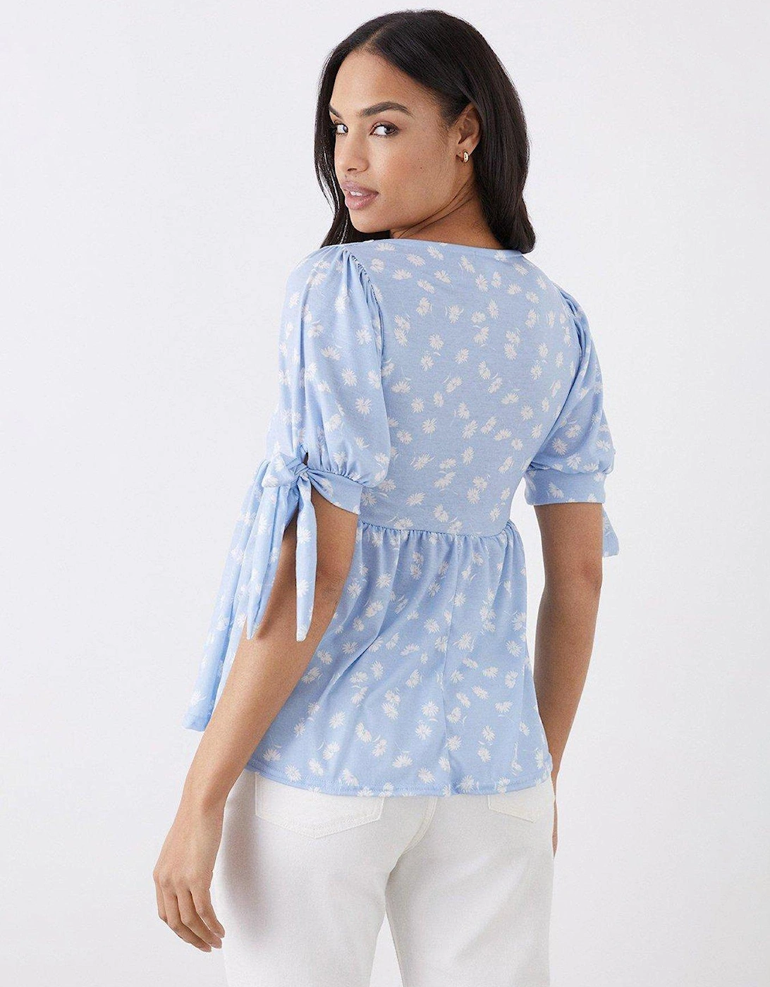 Square Neck Tie Sleeve Top - Blue