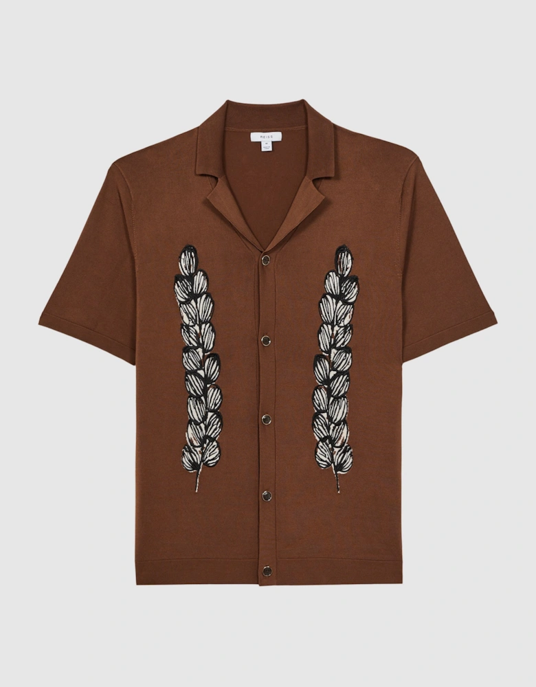 Embroidered Cuban Collar Button Through T-Shirt