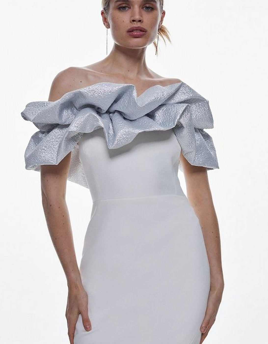 Structured Crepe Jacquard Ruffle Bardot Maxi Dress