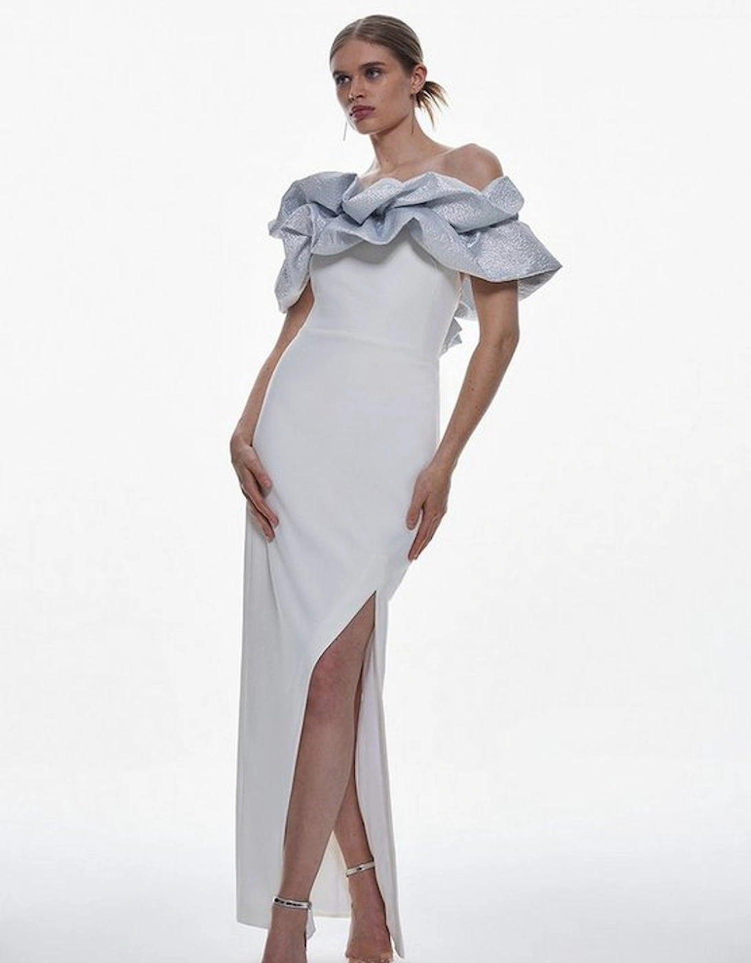 Structured Crepe Jacquard Ruffle Bardot Maxi Dress, 5 of 4