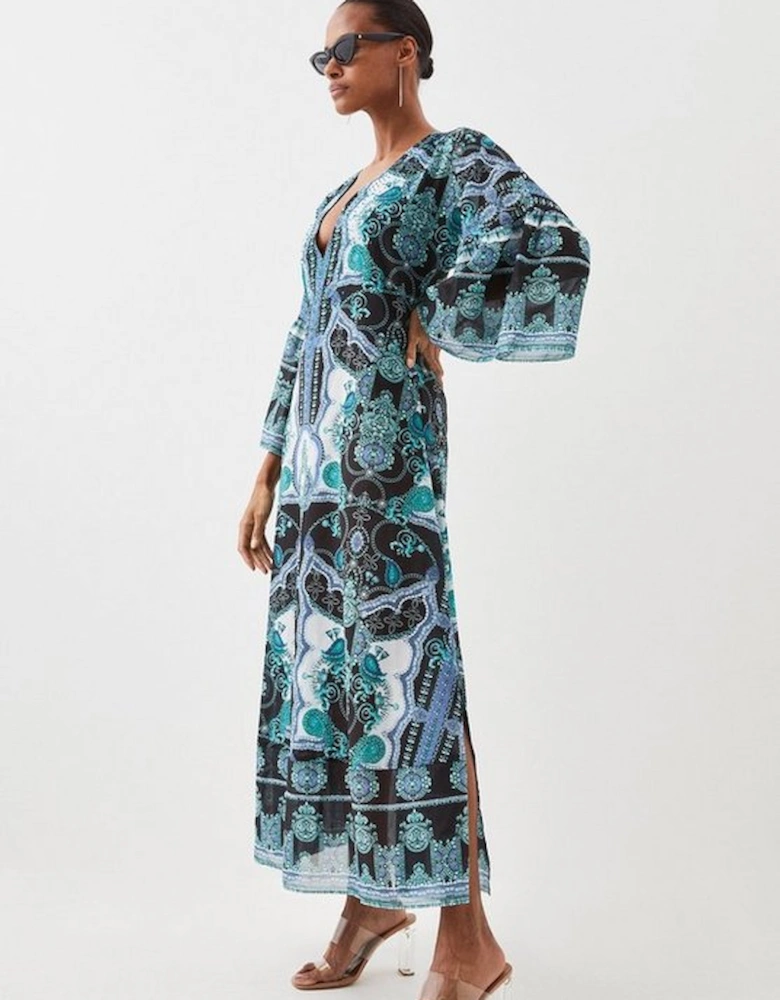 Embellished Mirrored Print Kimono Sleeve Maxi Dress