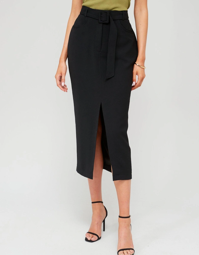 Tailored Belted Midi Skirt - Black