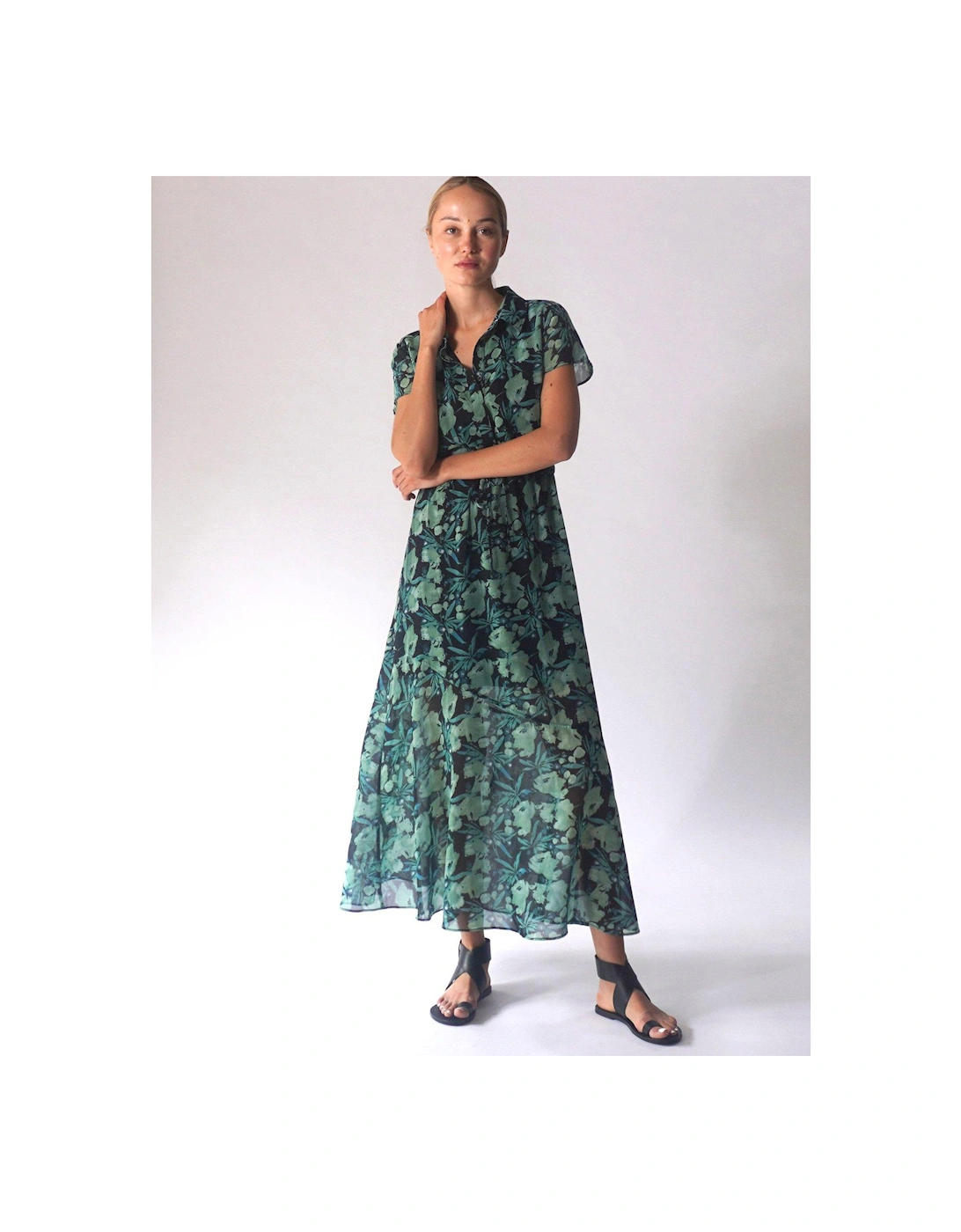 Floral Midaxi Tie Waist Shirt Dress - Green, 7 of 6