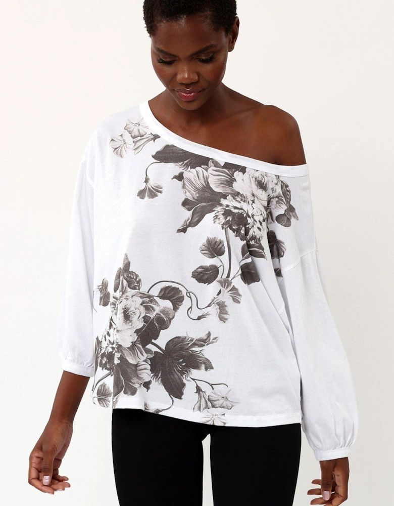 Off Shoulder Tunic Floral Print Top - White