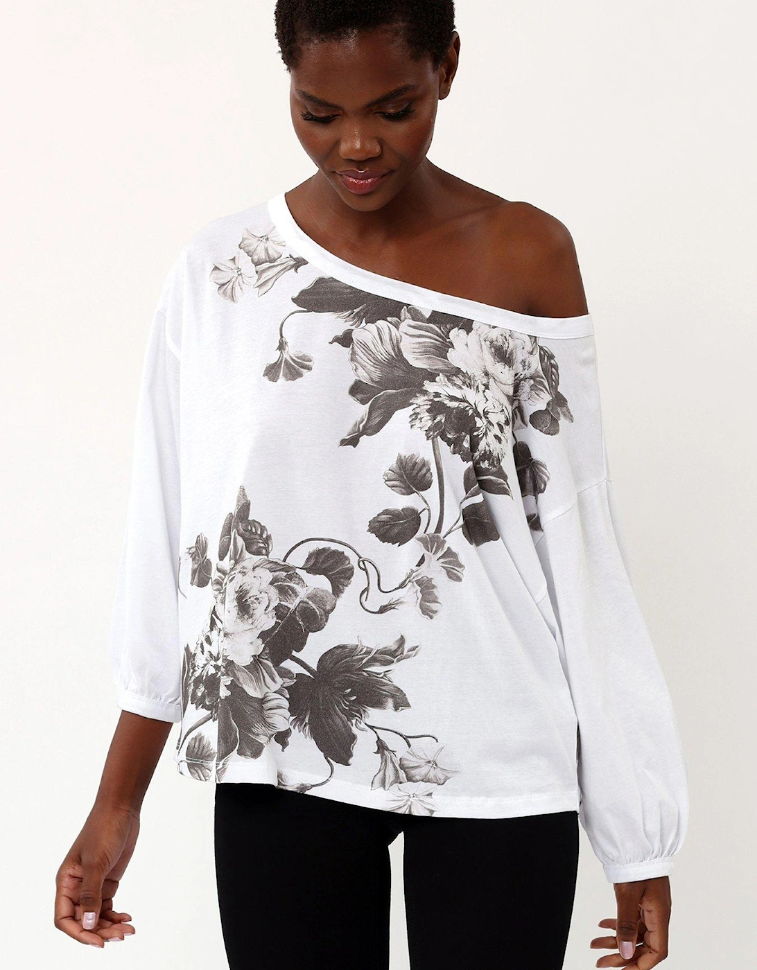 Off Shoulder Tunic Floral Print Top - White, 2 of 1
