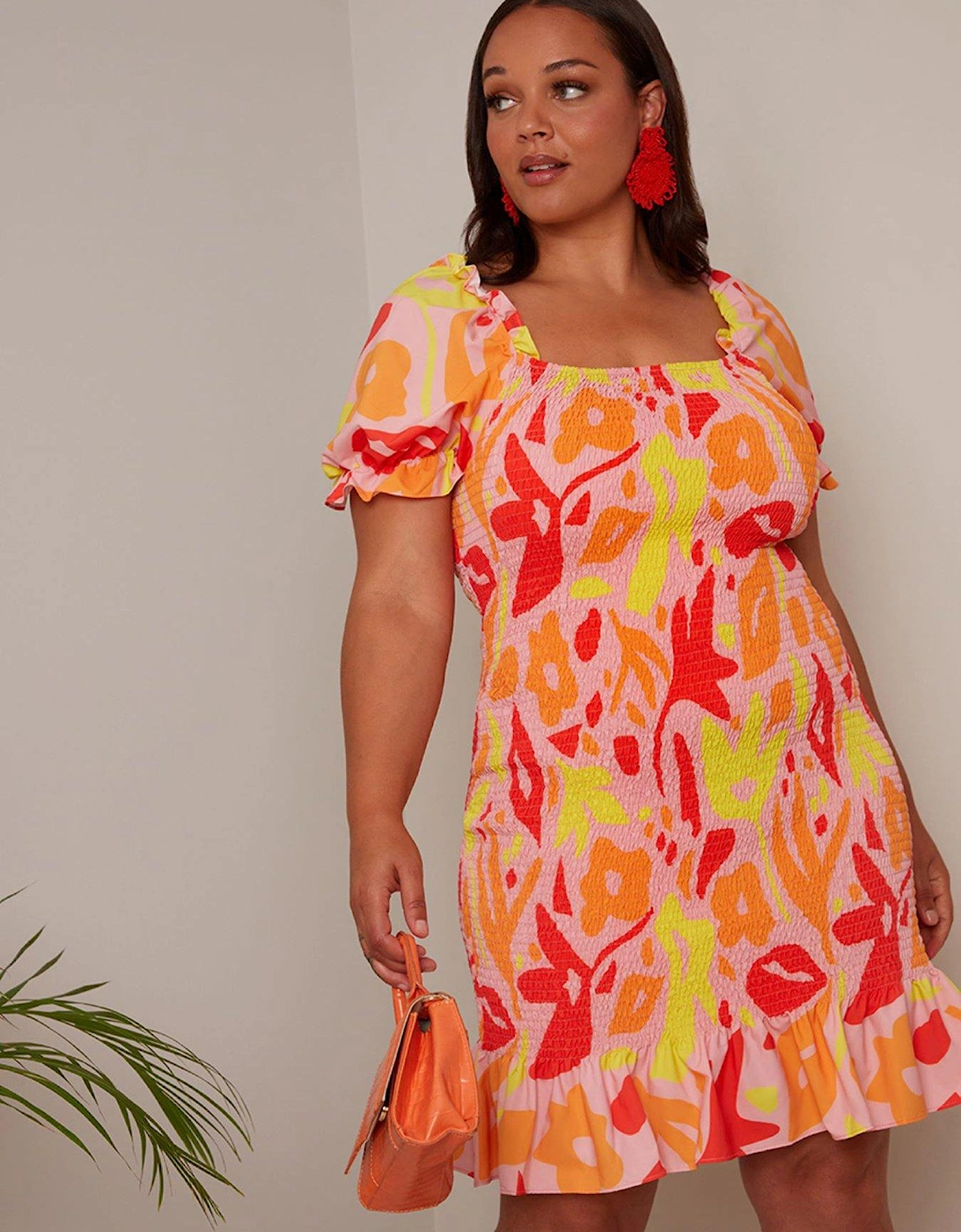 Plus Size Ruffle Shirred Abstract Print Mini Dress In Orange, 3 of 2