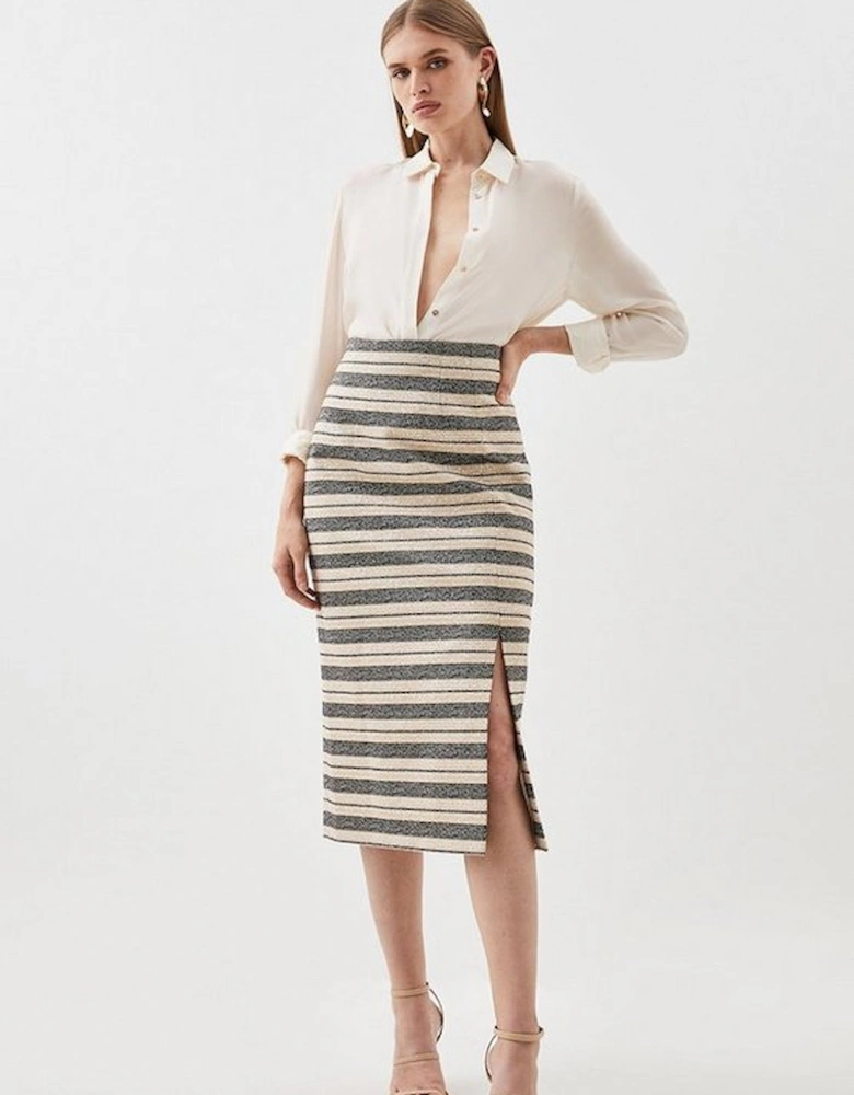 Italian Striped Sequin Tweed Detail Midi Skirt