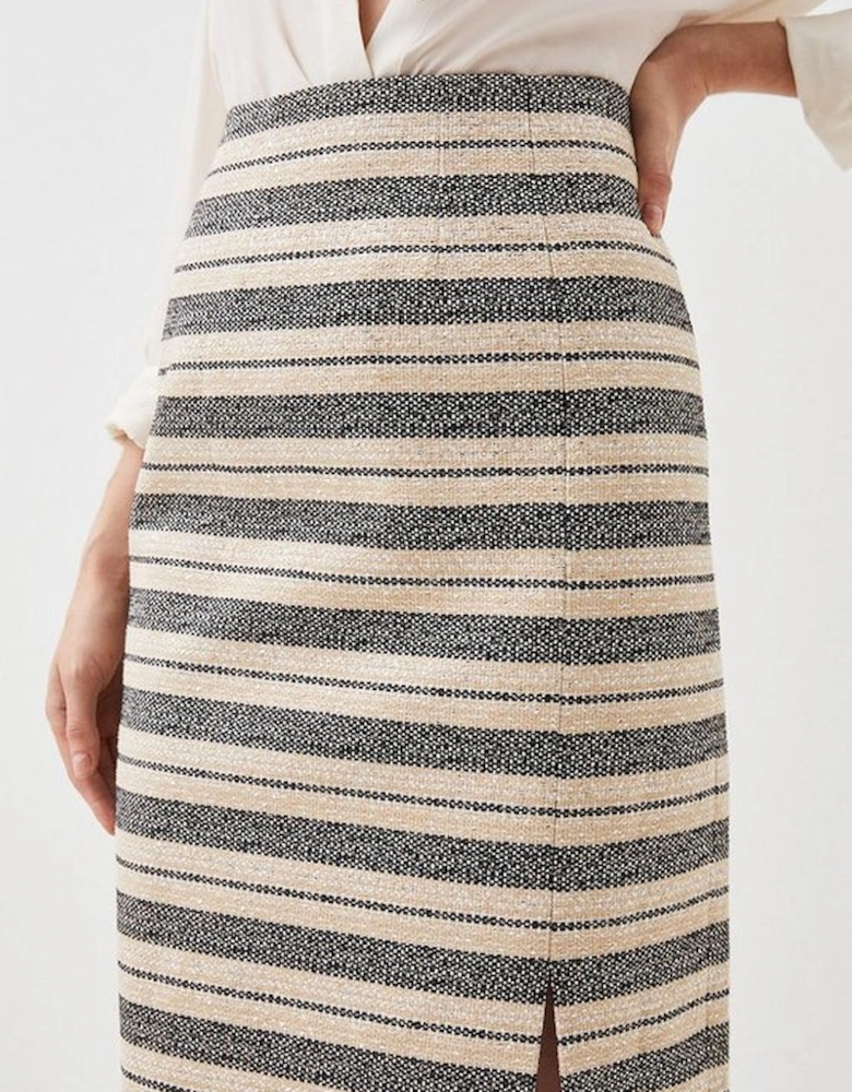 Italian Striped Sequin Tweed Detail Midi Skirt