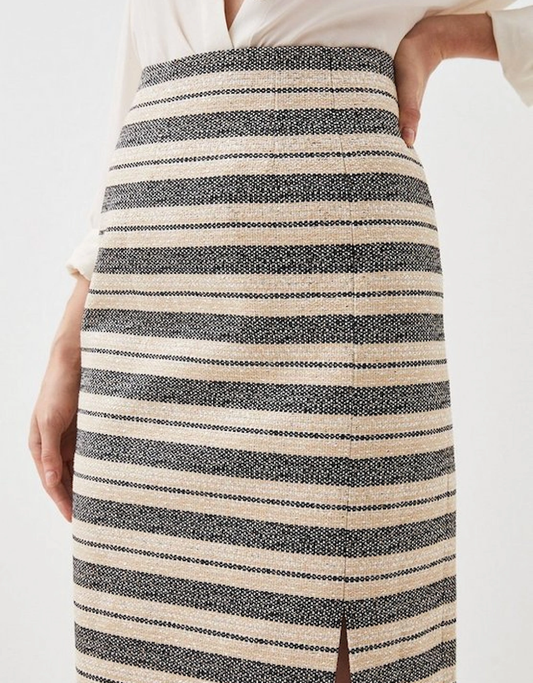 Italian Striped Sequin Tweed Detail Midi Skirt