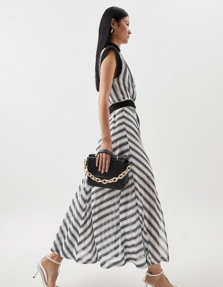 Military Striped Belted Woven Midi Dress