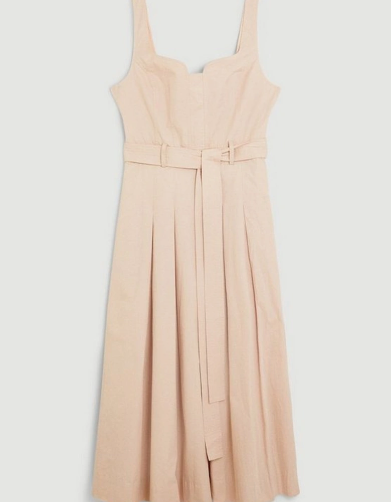 Cotton Sateen Strappy Belted Full Midi Dress