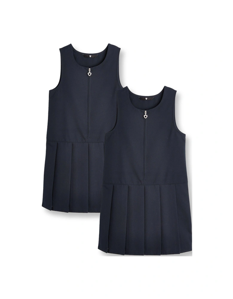 Girls 2 Pack Pleat Pinafore Water-Repellent School Dresses - Navy