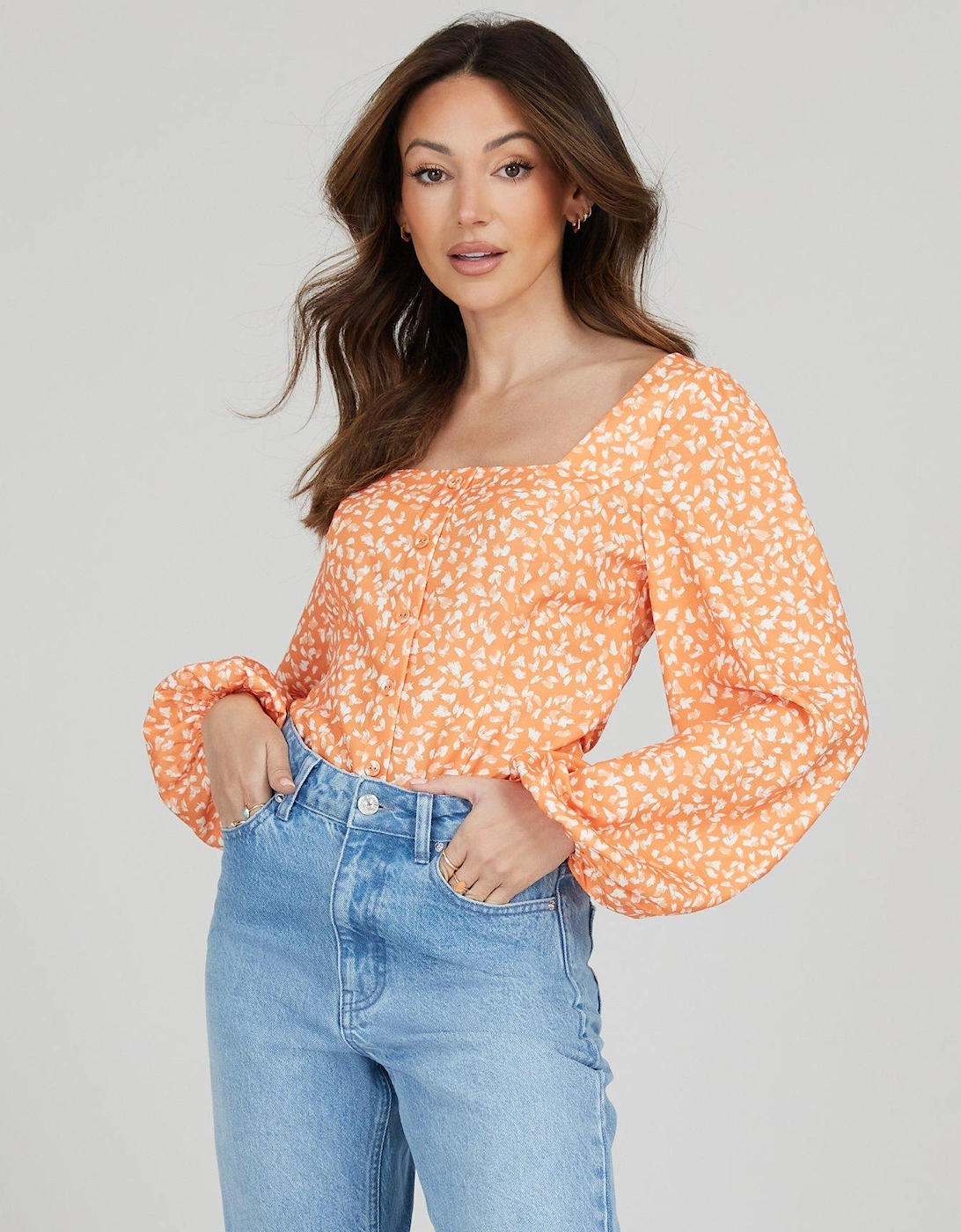 Sweetheart Button Front Printed Blouse - Orange, 5 of 4