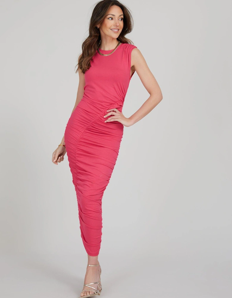 Bodycon Ruched Jersey Midi Dress - Pink