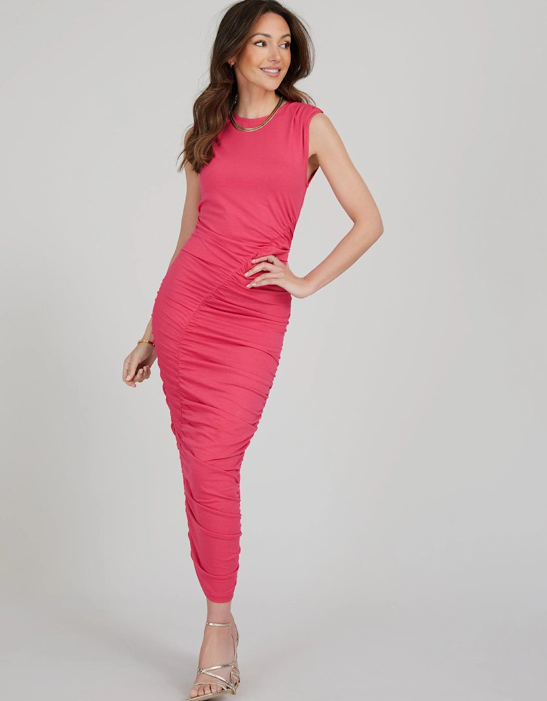 Bodycon Ruched Jersey Midi Dress - Pink, 4 of 3