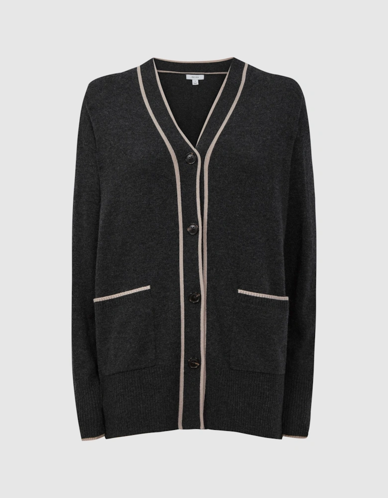 Wool Blend Contrast Trim Cardigan