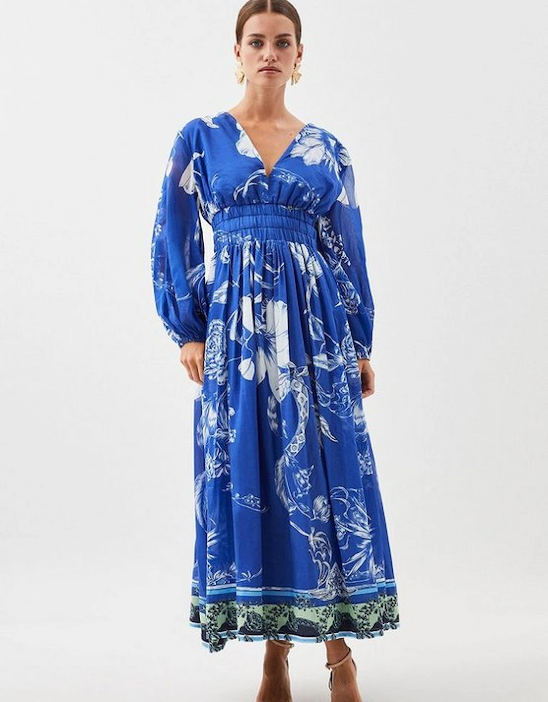 Petite Placed Floral Balloon Sleeve Silk Cotton Maxi Dess, 5 of 4