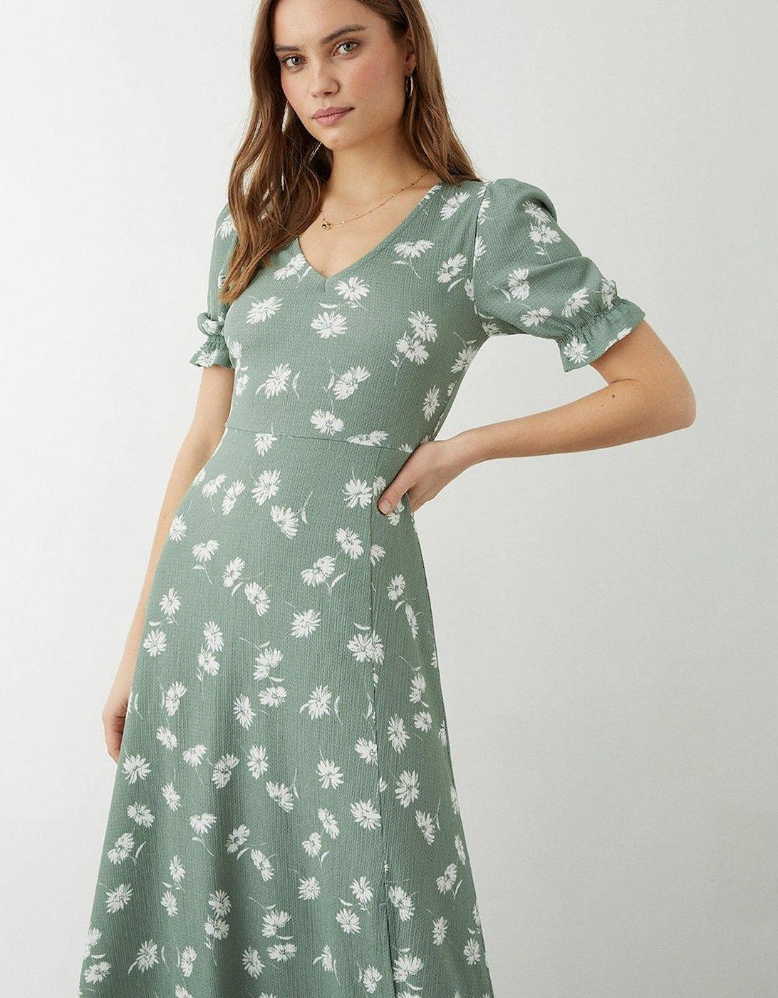 Womens/Ladies Ditsy Print Short-Sleeved Midi Dress