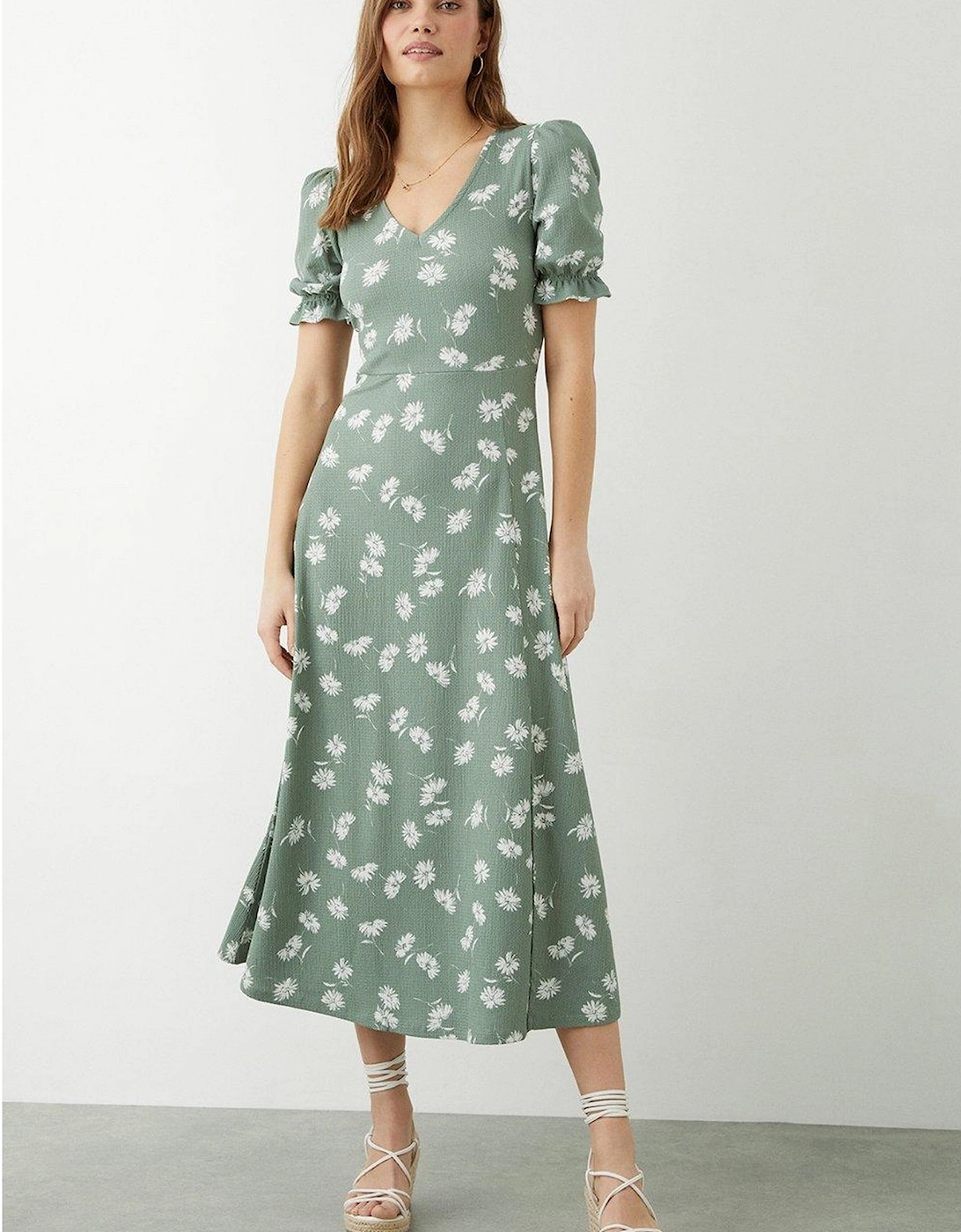 Womens/Ladies Ditsy Print Short-Sleeved Midi Dress