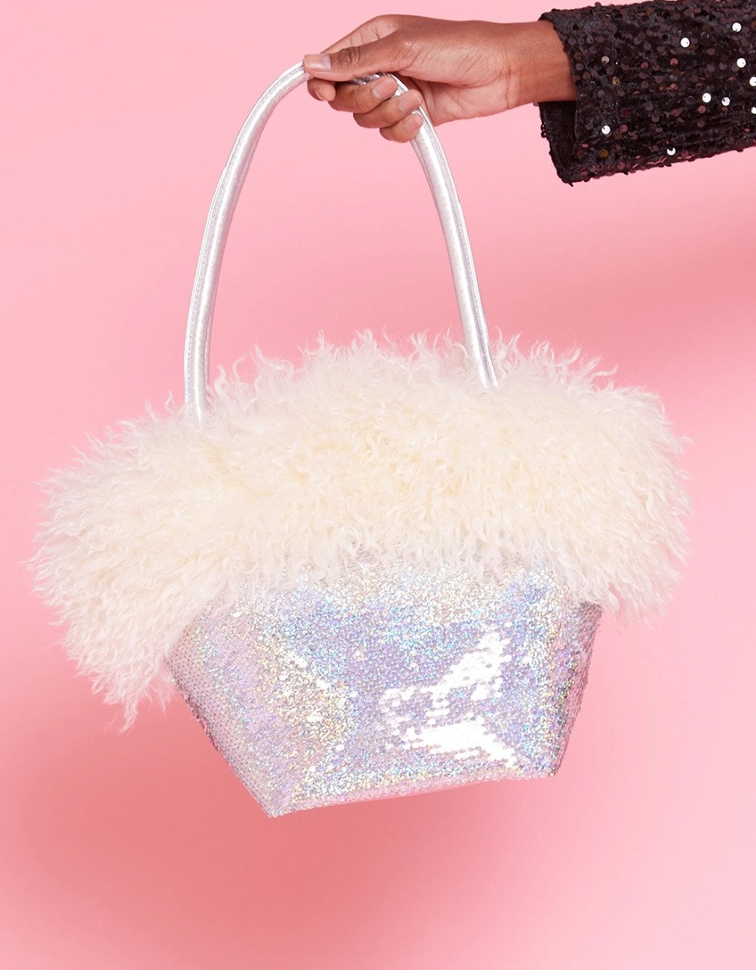 Bamboo Sequins Faux Fur Bag