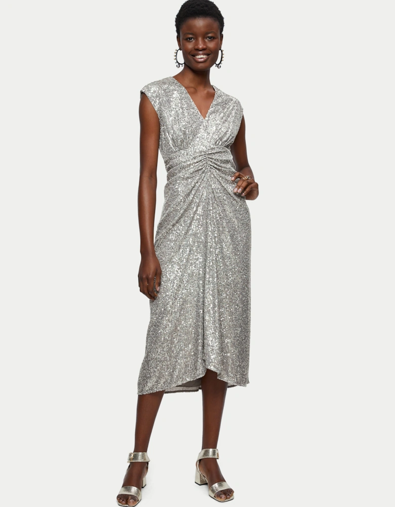 Sequin Ruched Midi Dress | Pewter