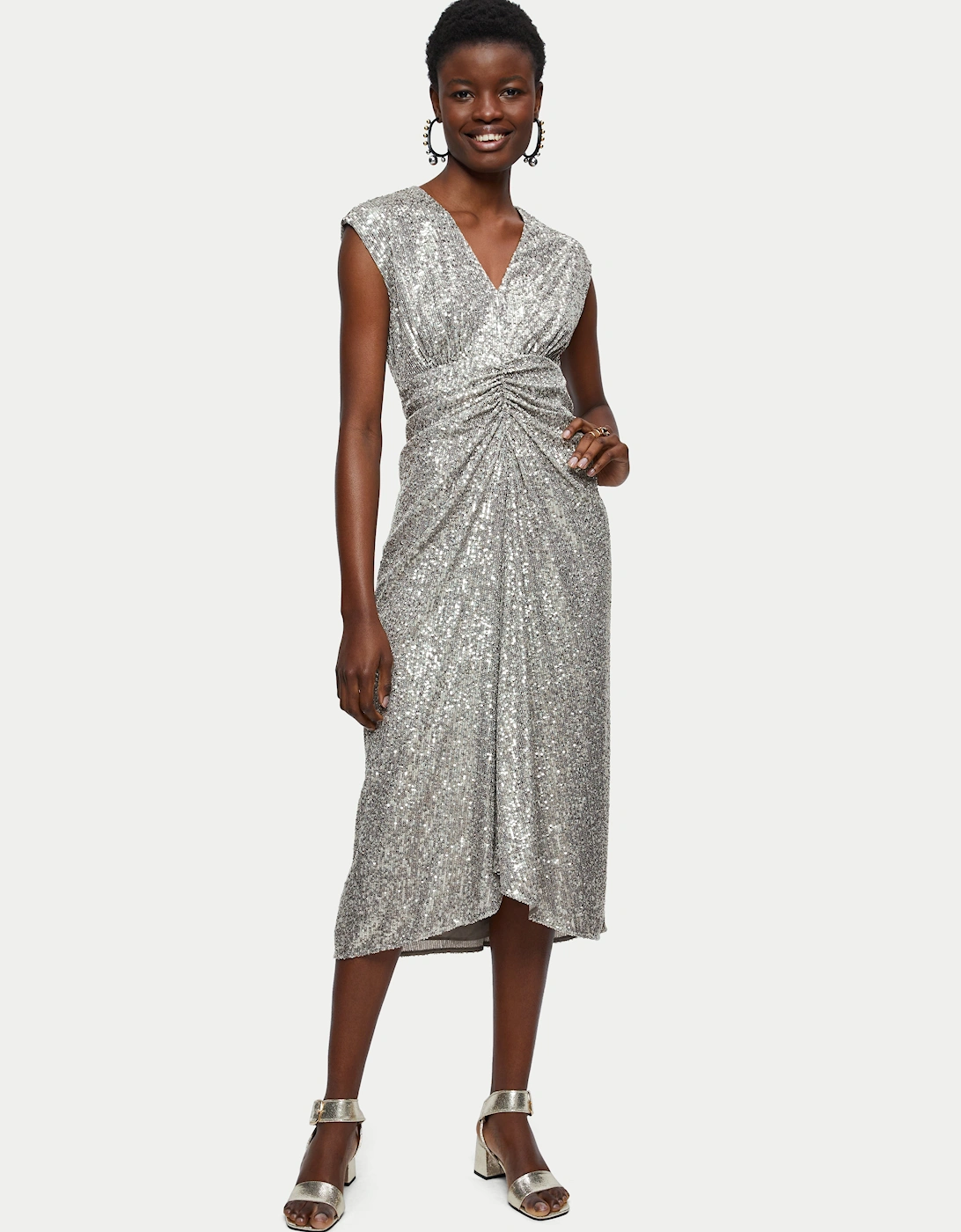 Sequin Ruched Midi Dress | Pewter, 6 of 5