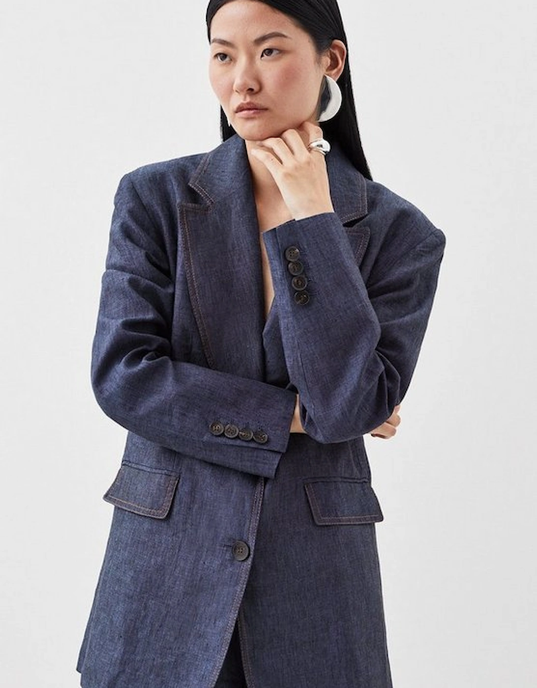 Indigo Linen Single Breasted Tailored Jacket