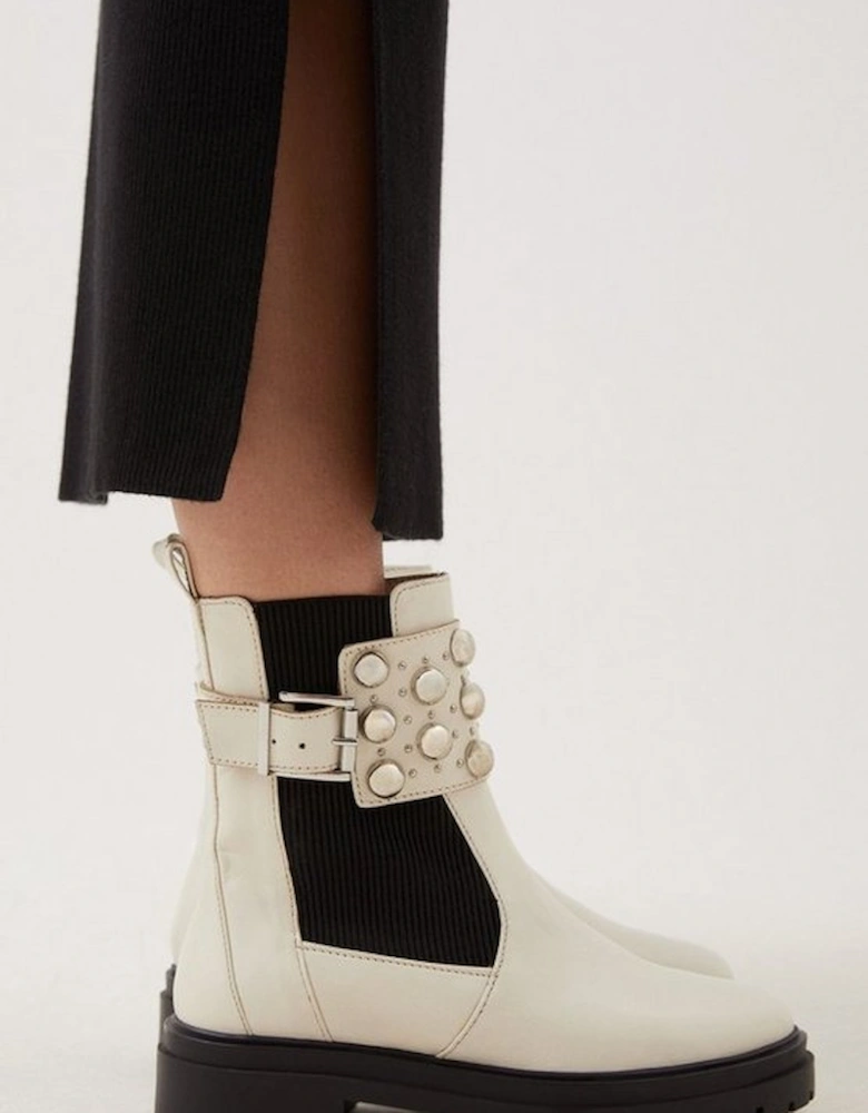 Leather Domed Stud Ankle Cuff Chelsea Boot
