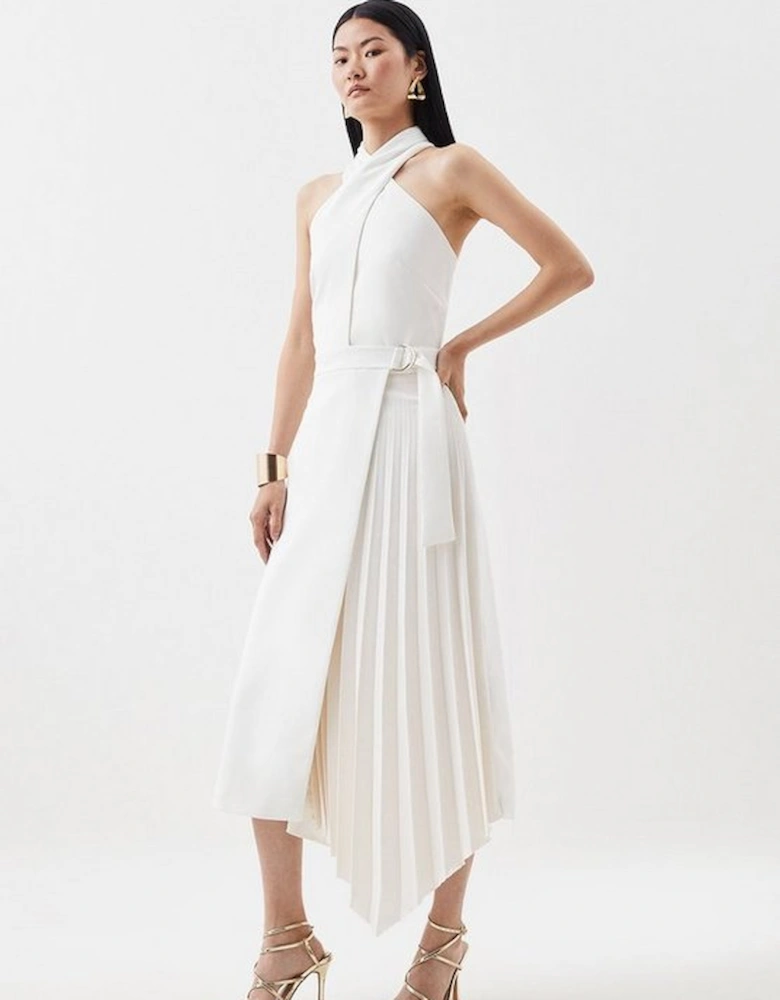 Compact Stretch Halter Neck Pleat Detail Midi Dress