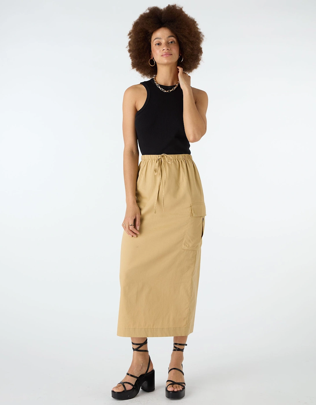 Indigo Cargo Midi Skirt in Beige