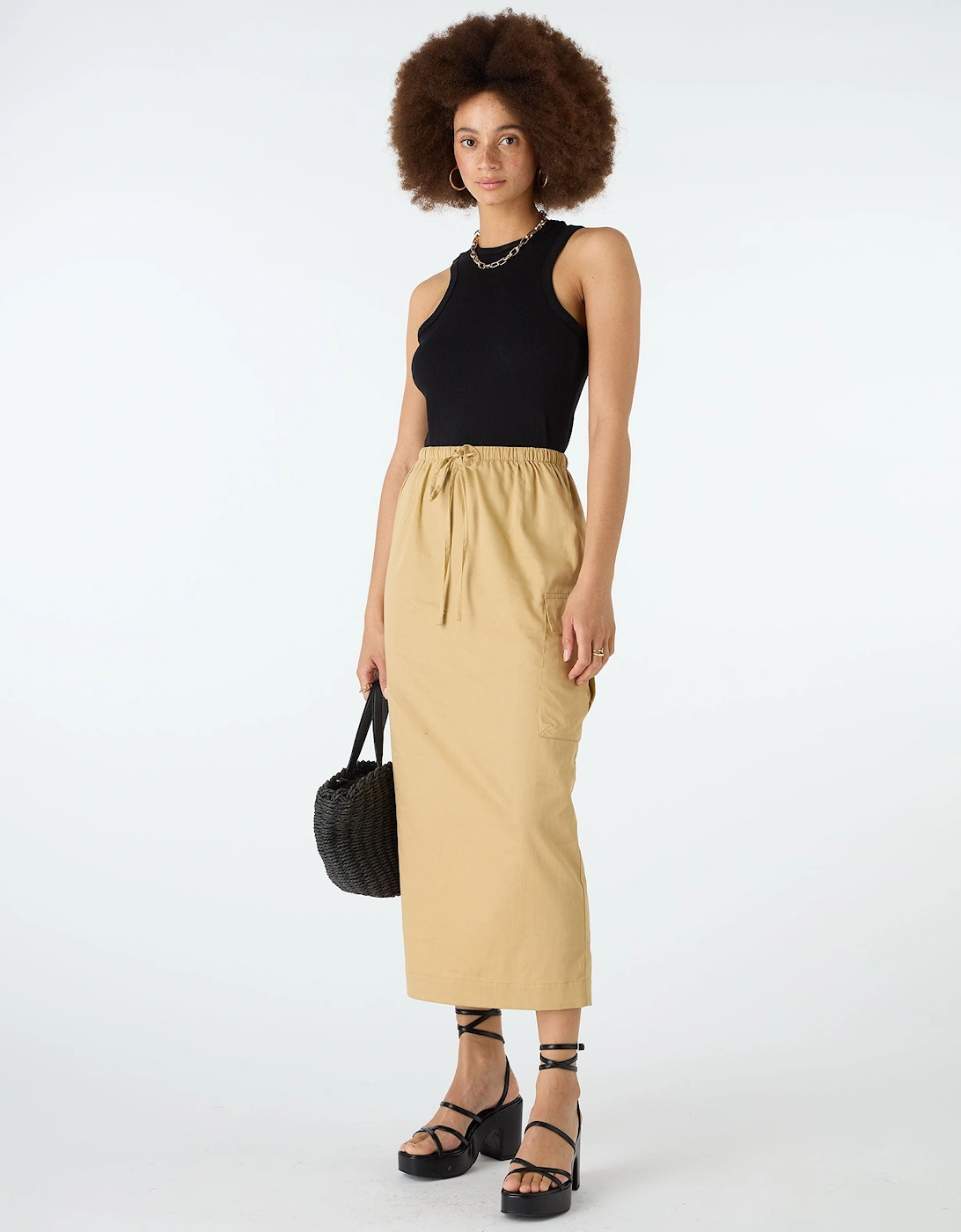 Indigo Cargo Midi Skirt in Beige