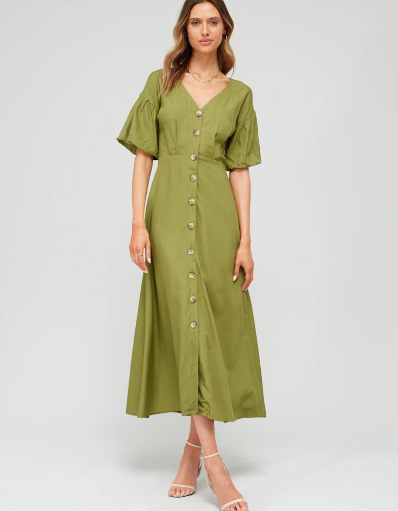 Puff Sleeve Button Through Midaxi Dress - Green