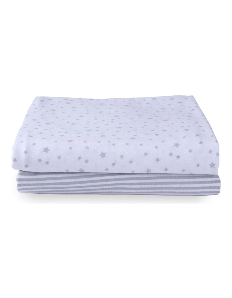 Pack of 2 Printed Fitted Moses Sheets - Grey Stars & Stripes