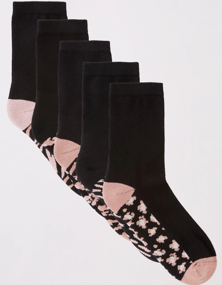 5 Pack Cushioned Ankle Socks With Printed Sole - Black