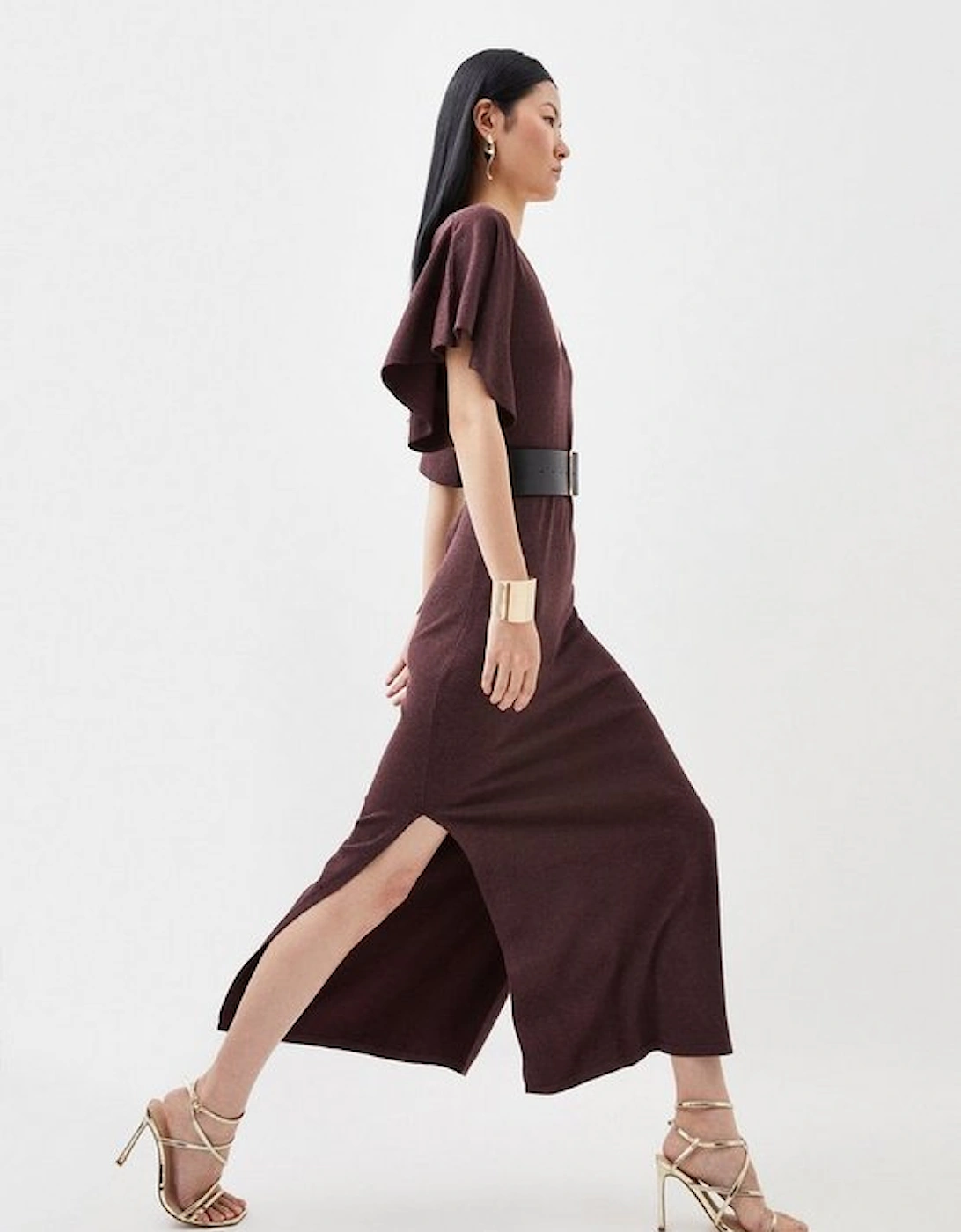 Viscose Blend Angel Sleeve Belted Knit Maxi Dress