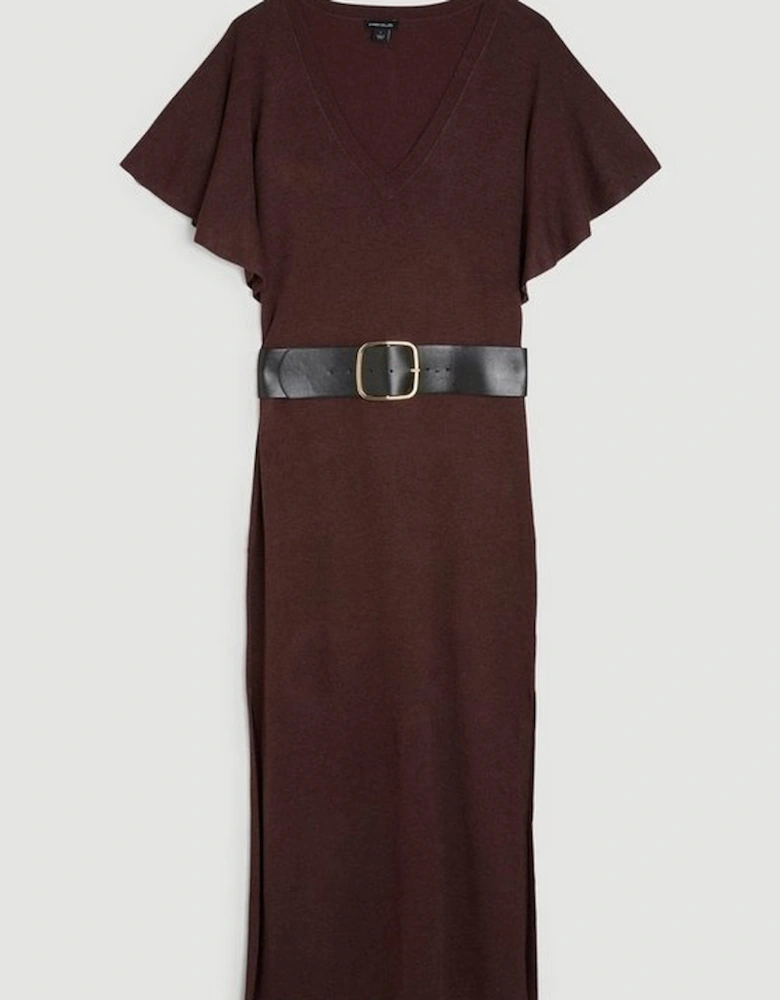 Viscose Blend Angel Sleeve Belted Knit Maxi Dress